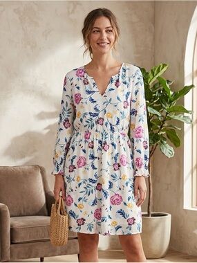 Old Navy White Floral V-Neck Long Sleeve Dress with Pink and Yellow Blooms